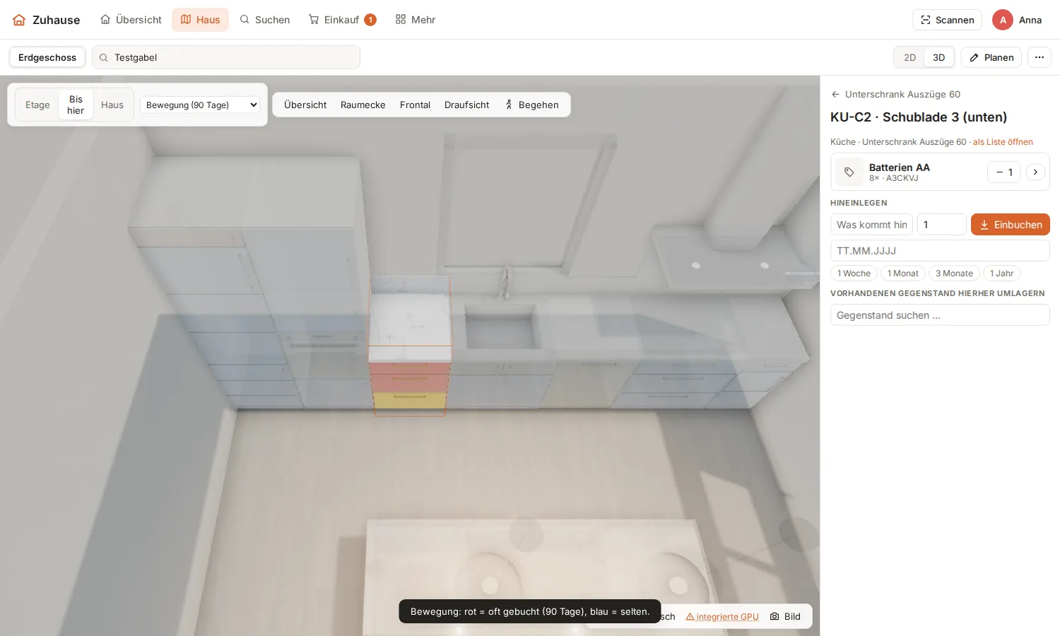 3D-Ansicht der Küche, eine Schublade ist hervorgehoben, der Rest halbtransparent