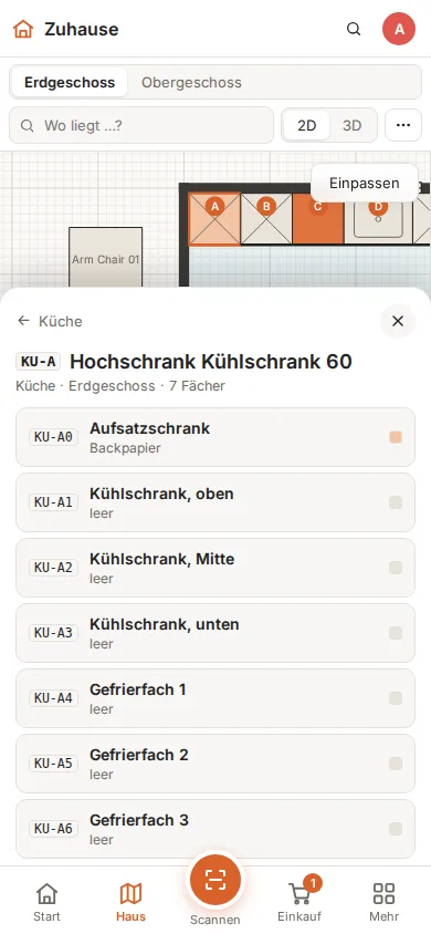 Ein Fach auf dem Handy als Blatt von unten mit Inhalt und Einbuchen