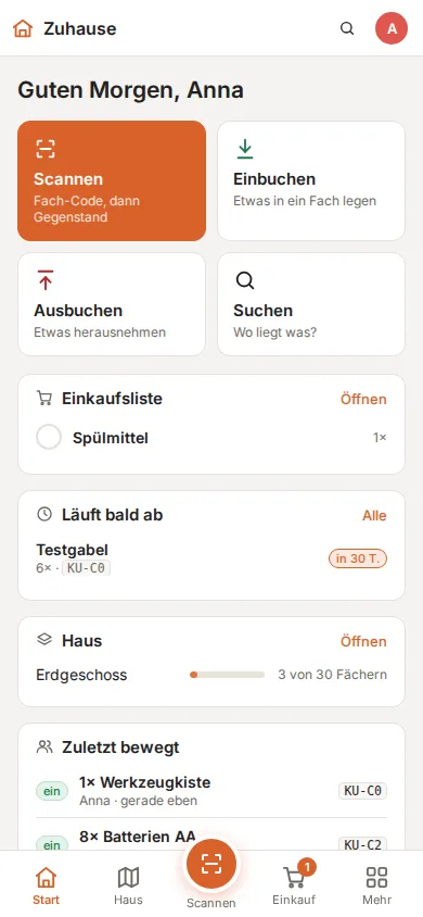 Startseite auf dem Handy mit Schnellaktionen, Einkaufsliste und Ablaufendem