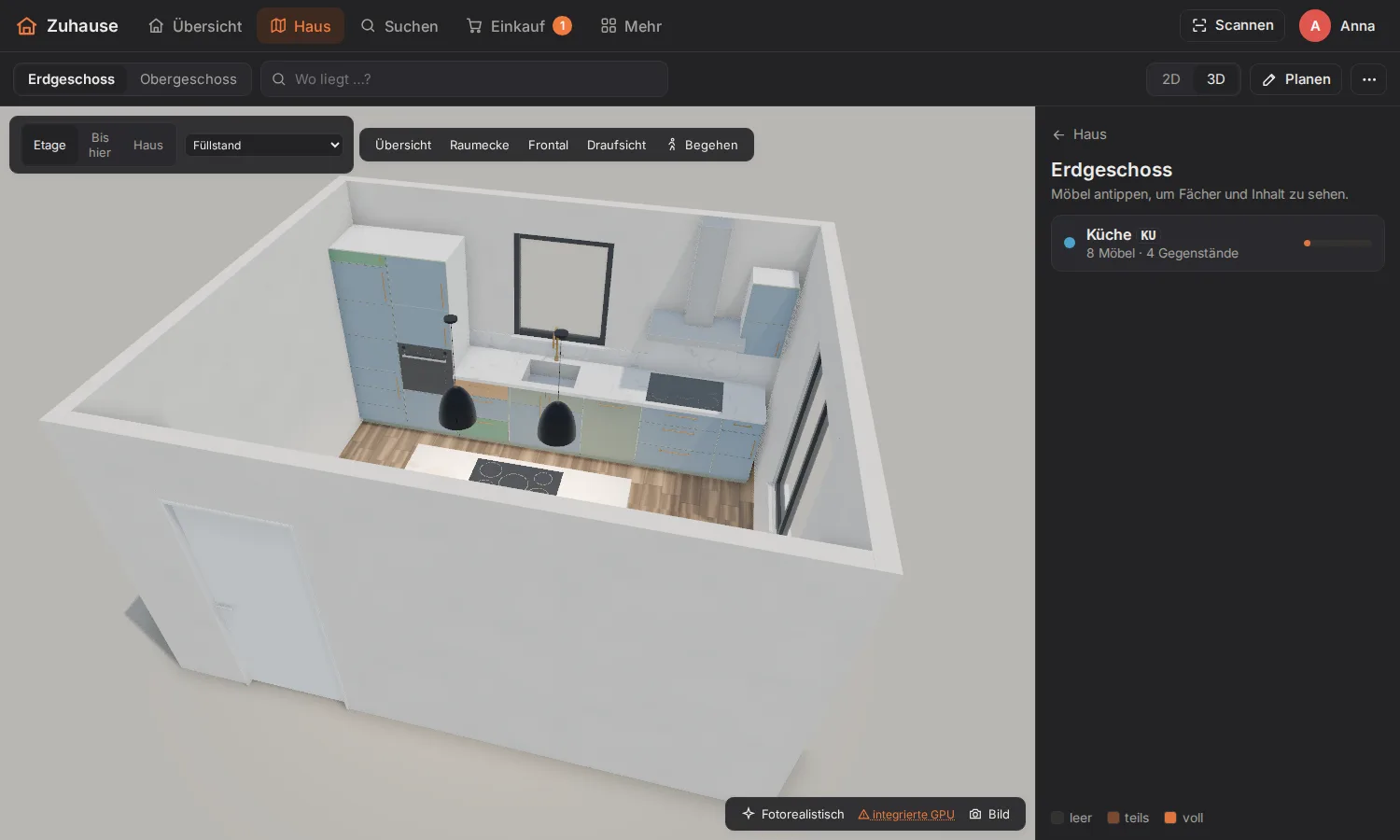 Das Erdgeschoss in 3D mit Küche; Möbel sind nach Füllstand eingefärbt, rechts die Raumliste