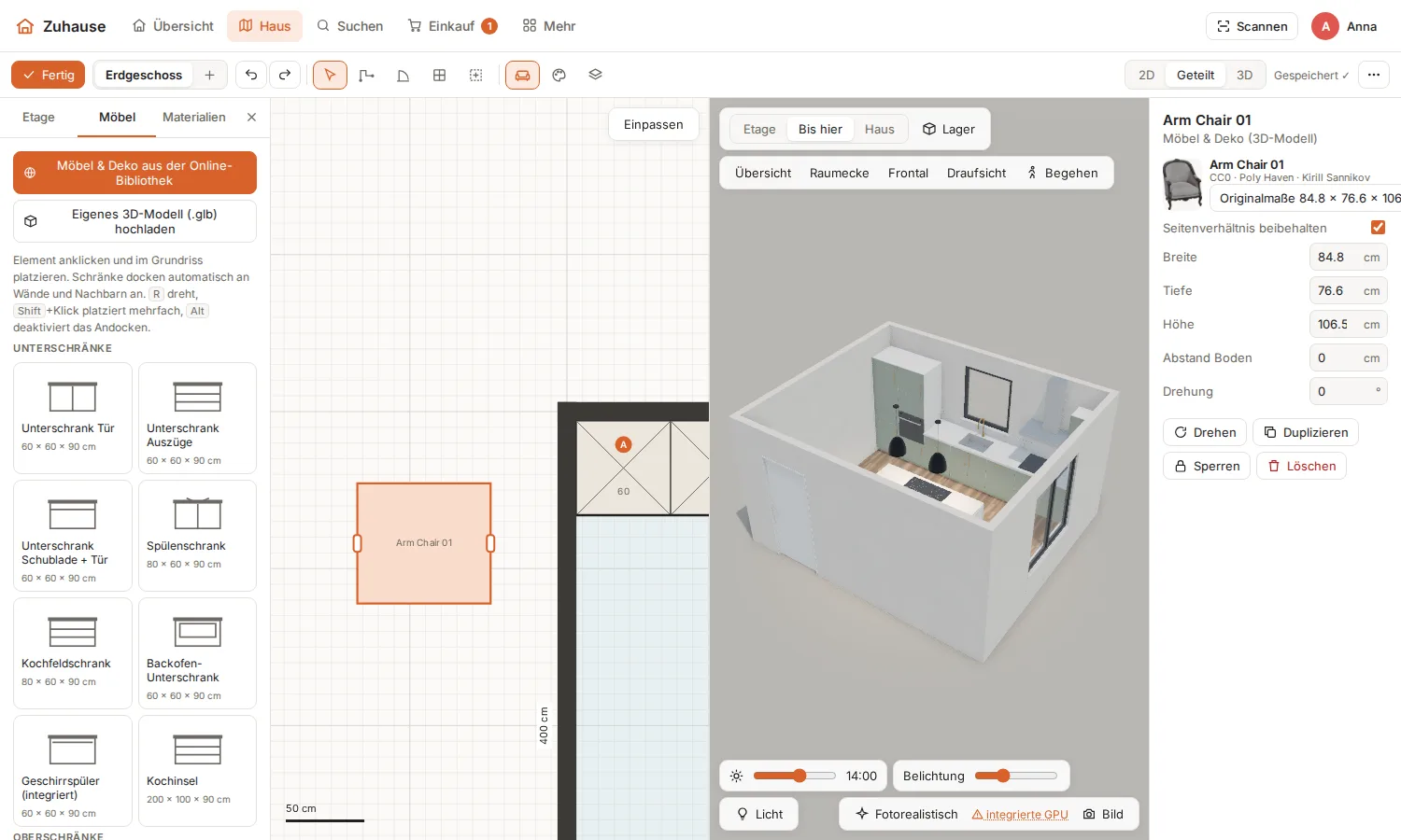 Planungsmodus: Möbelkatalog links, Grundriss in der Mitte, 3D-Vorschau der Küche rechts