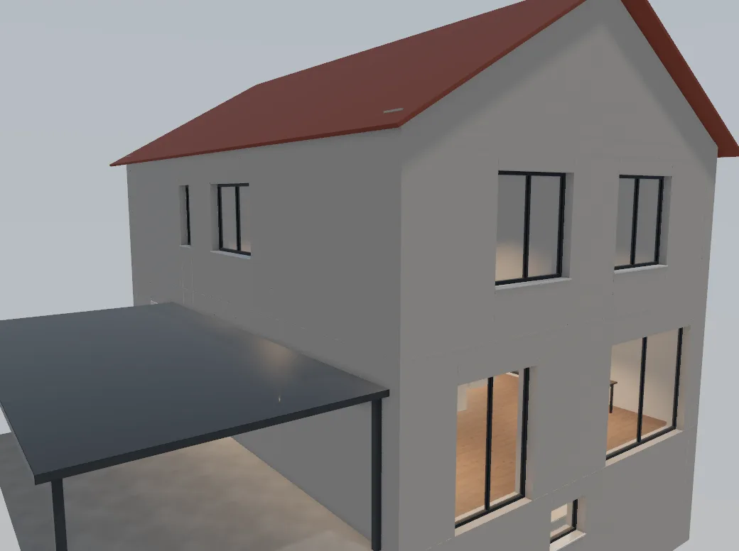 Das Haus von außen in 3D mit Satteldach, Carport und Terrasse