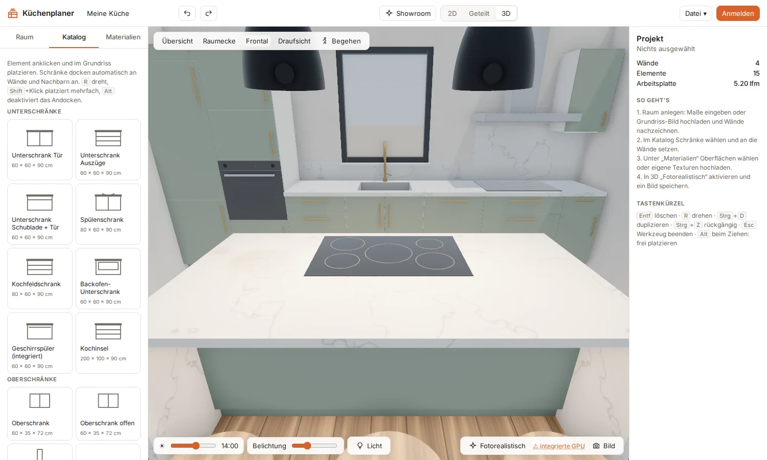 Frontalansicht in 3D auf Kochinsel, Spüle und Hochschränke