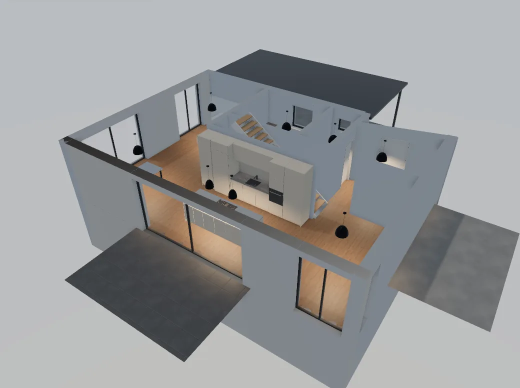 Das Erdgeschoss als 3D-Schnitt mit Küchenzeile, Kochinsel und Treppe