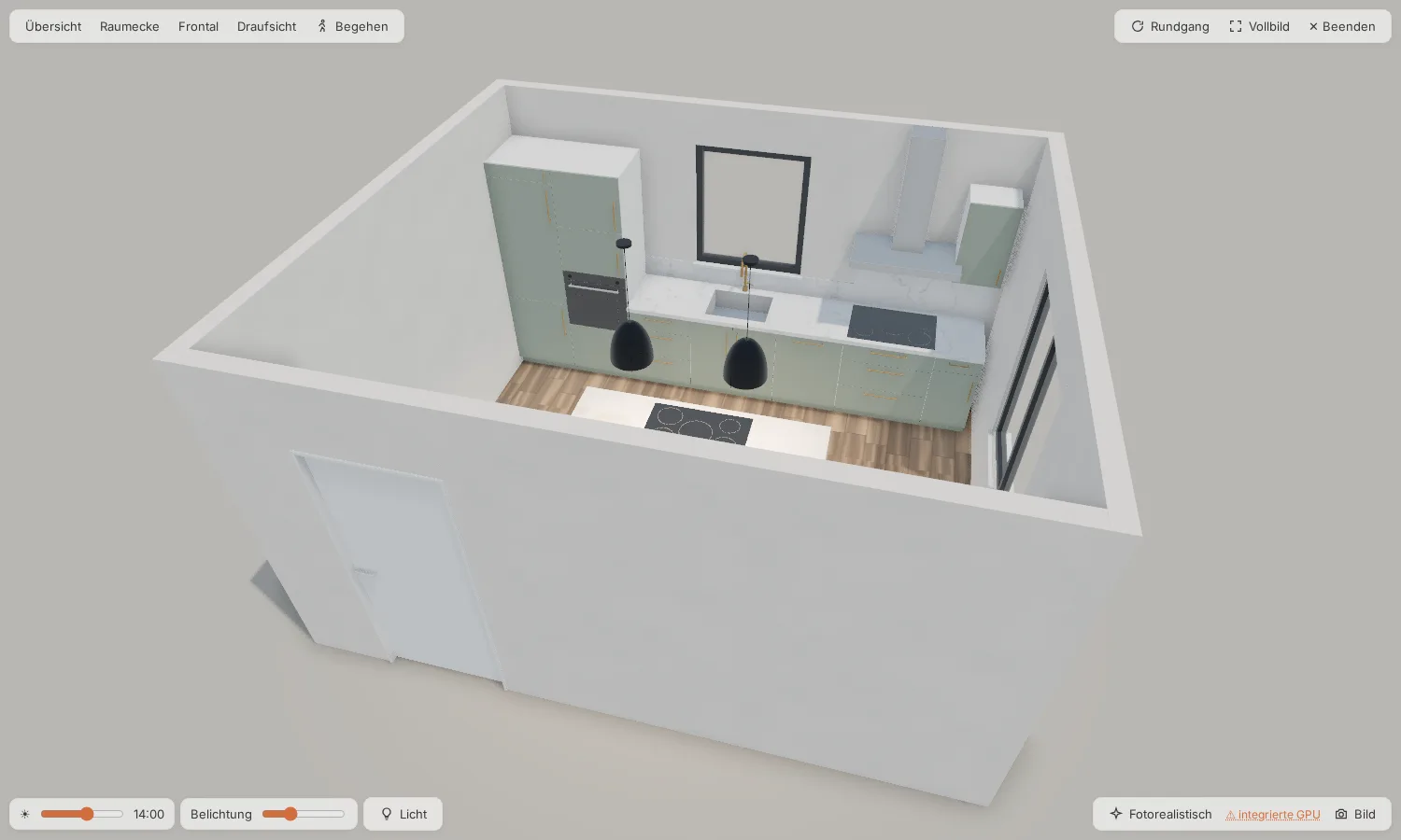 Showroom-Ansicht einer Küche in Salbeigrün mit Kochinsel, Hängeleuchten und Holzboden