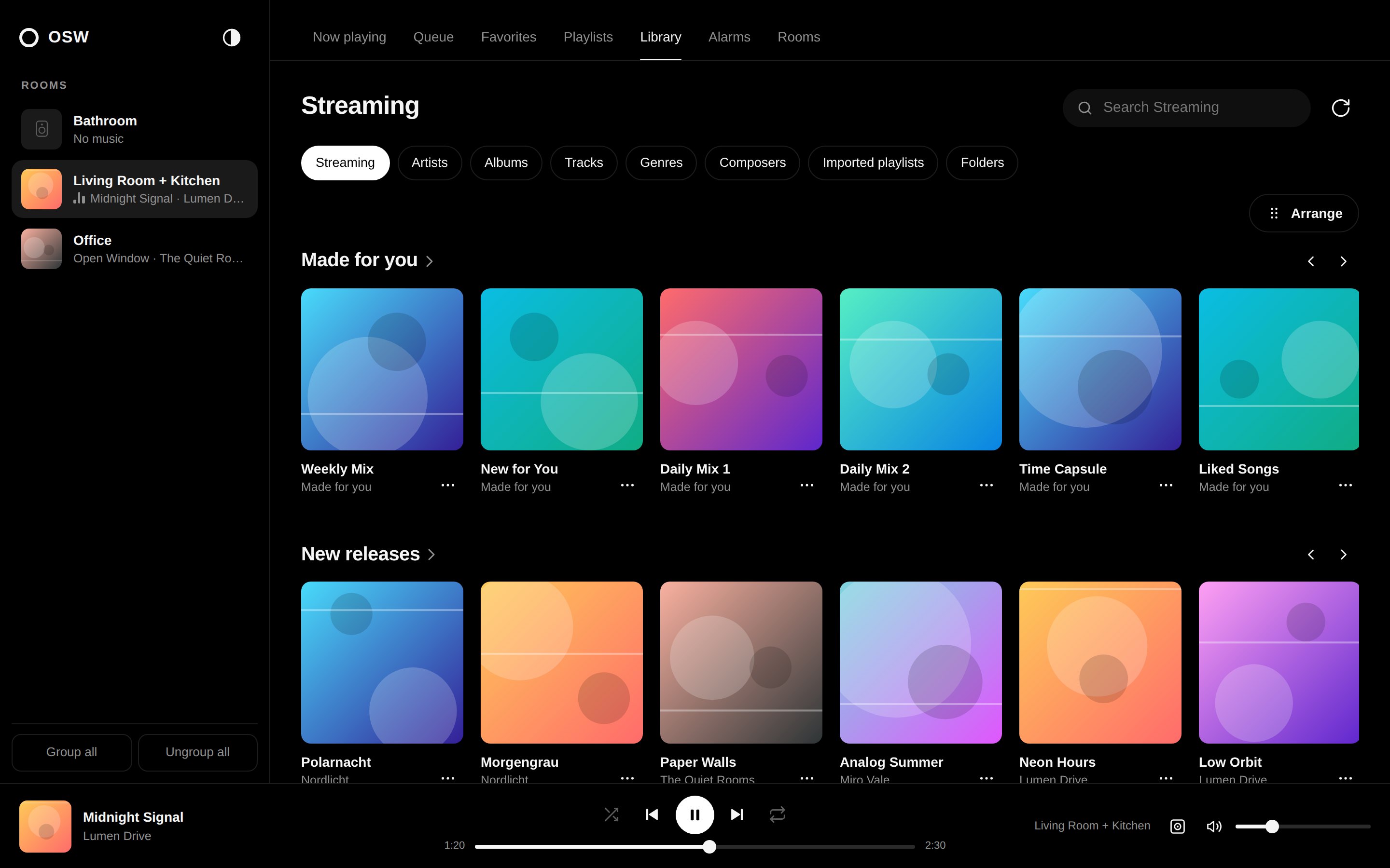 Music service home page, dark