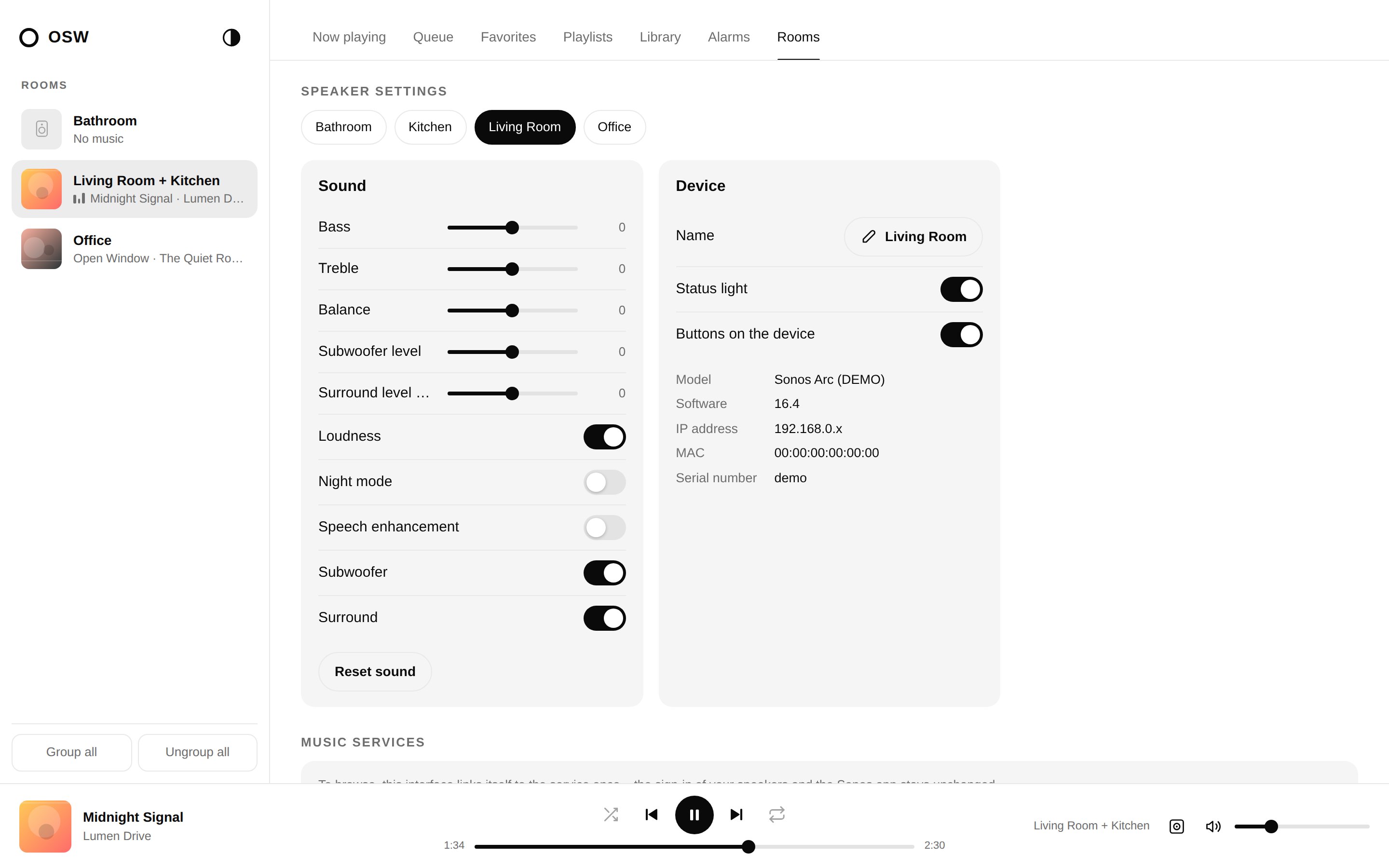 Rooms and sound settings