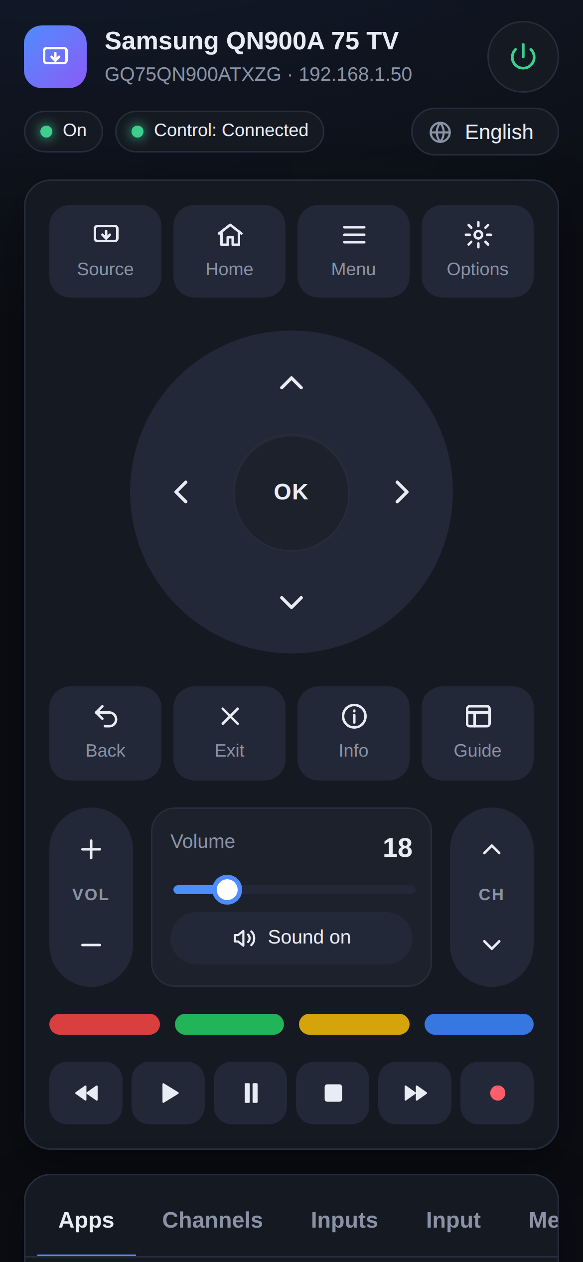 Remote on a smartphone, dark theme